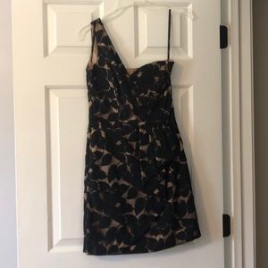 Black and gold flower print one shoulder dress